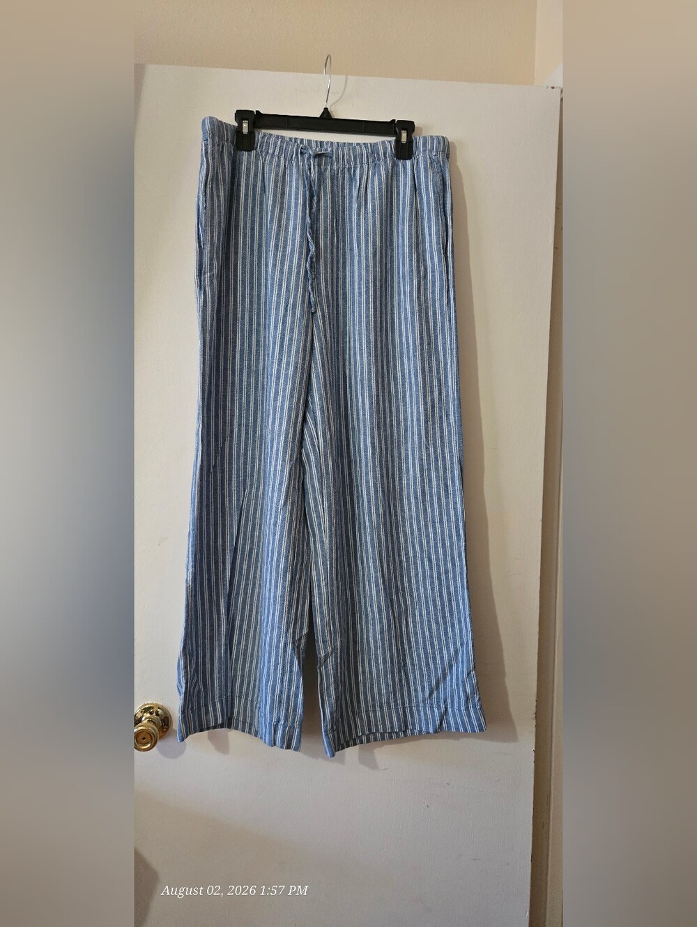 Old Navy Blue and White Striped Linen Wide-Leg Women's Bottoms